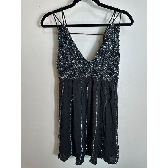 Free People Glitter Mini Slip Embellished Double Strap Black Dress Size Small - Picture 2 of 5